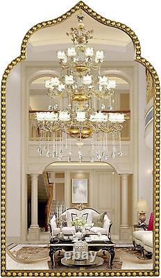 22X38 Arch Scalloped Wall Mirror, Antique Gold Bathroom Mirror, Metal Beaded F