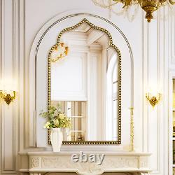 22X38 Arch Scalloped Wall Mirror, Antique Gold Bathroom Mirror, Metal Beaded F