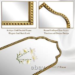 22X38 Arch Scalloped Wall Mirror, Antique Gold Bathroom Mirror, Metal Beaded F