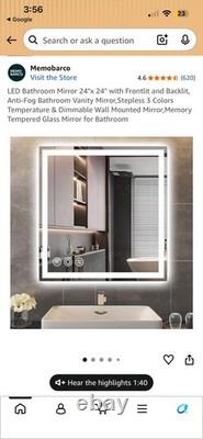 24 X 24 LED Bathroom Vanity Mirror Front & Back Lit Dimmable 3 Colors Tempered