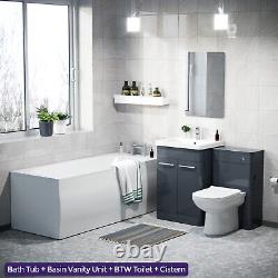 3 Piece Bathroom Suite Anthracite 600mm Vanity, WC, BTW Toilet & Straight Bath