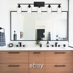 5-Lights Bathroom Vanity Light with Clear Ribbed Glass Shades, Black Vintage Bat