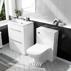 600mm Floorstanding White 2 Drawer Vanity Basin Unit, WC & Curved BTW Toilet