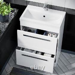 600mm Floorstanding White 2 Drawer Vanity Basin Unit, WC & Curved BTW Toilet