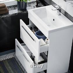 600mm Floorstanding White 2 Drawer Vanity Basin Unit, WC & Curved BTW Toilet