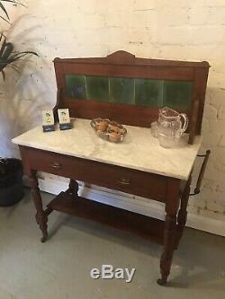 Antique Tile Backed Bathroom Wash Stand Vanity Unit Vintage Drawers Green Marble