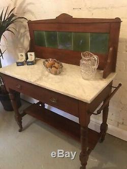 Antique Tile Backed Bathroom Wash Stand Vanity Unit Vintage Drawers Green Marble