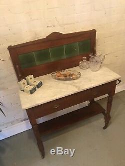 Antique Tile Backed Bathroom Wash Stand Vanity Unit Vintage Drawers Green Marble