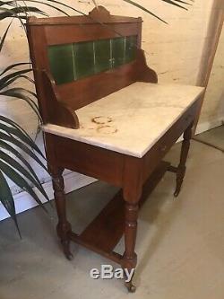 Antique Tile Backed Bathroom Wash Stand Vanity Unit Vintage Drawers Green Marble