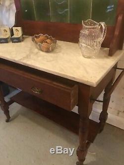 Antique Tile Backed Bathroom Wash Stand Vanity Unit Vintage Drawers Green Marble