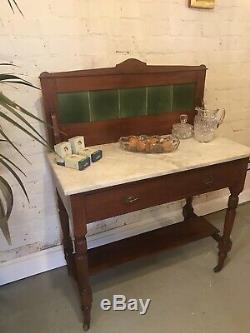 Antique Tile Backed Bathroom Wash Stand Vanity Unit Vintage Drawers Green Marble