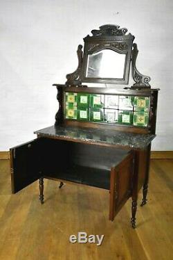 Antique carved Victorian marble top tiled back washstand vanity dressing table