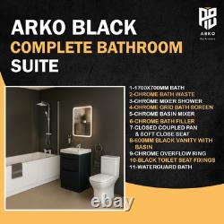 Arko Complete Bathroom Suite, Bath Shower, Screen, Black Vanity, Toilet, Taps Arko Complete Bathroom Suite, Bath Shower, Screen, Black Vanity, Toilet, Taps
