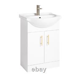 Back to Wall WC Pan Toilet Concealed Cistern, Seat, Vanity, Tap Brushed Brass