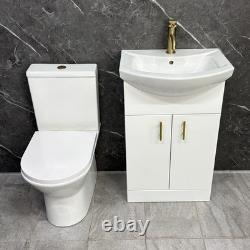 Cloakroom Suite White Vanity Unit with Brass Handles 550mm and Closed Back To