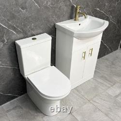 Cloakroom Suite White Vanity Unit with Brass Handles 550mm and Closed Back To