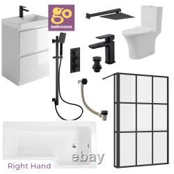 L Shaped Bathroom Suite 1700 Bath 60 Vanity Unit Rimless Toilet WC Taps & Shower