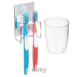 MDesign Bathroom Vanity Toothbrush Holder with Cup/Cover Clear/Mirror Back