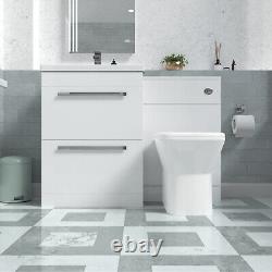 Nes Home 1110mm White Basin Vanity Cabinet, WC Unit, Rimless Back To Wall Toilet