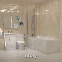 Nes Home L-Shaped LH Bath, Exposed Shower, White Basin Vanity, Taps, BTW Toilet