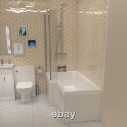 Nes Home L-Shaped LH Bath, Exposed Shower, White Basin Vanity, Taps, BTW Toilet
