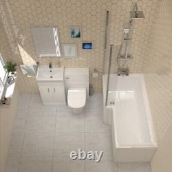 Nes Home L-Shaped LH Bath, Exposed Shower, White Basin Vanity, Taps, BTW Toilet