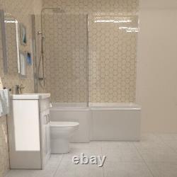 Nes Home L-Shaped LH Bath, Exposed Shower, White Basin Vanity, Taps, BTW Toilet