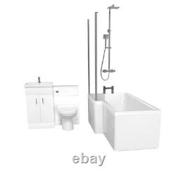 Nes Home L-Shaped LH Bath, Exposed Shower, White Basin Vanity, Taps, BTW Toilet