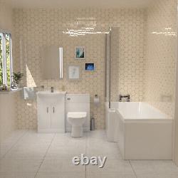 Nes Home L-Shaped LH Shower Bath, White Basin Vanity Unit with WC & BTW Toilet