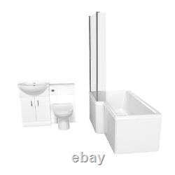 Nes Home L-Shaped LH Shower Bath, White Basin Vanity Unit with WC & BTW Toilet