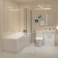 Nes Home L-Shaped RH Shower Bath, White Basin Vanity Unit with WC & BTW Toilet