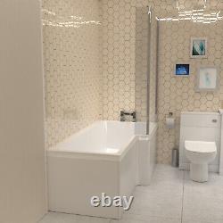 Nes Home L-Shaped RH Shower Bath, White Basin Vanity Unit with WC & BTW Toilet