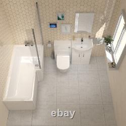 Nes Home L-Shaped RH Shower Bath, White Basin Vanity Unit with WC & BTW Toilet