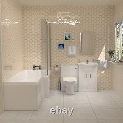 Nes Home L-Shaped RH Shower Bath, White Basin Vanity Unit with WC & BTW Toilet