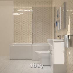 Nes Home L-Shaped RH Shower Bath, White Basin Vanity Unit with WC & BTW Toilet