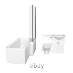 Nes Home L-Shaped RH Shower Bath, White Basin Vanity Unit with WC & BTW Toilet