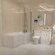 Nes Home L-shaped Rt Bath, Exposed Shower, White Basin Vanity, Taps, Btw Toilet
