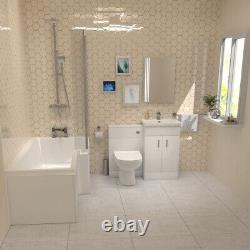 Nes Home L-Shaped RT Bath, Exposed Shower, White Basin Vanity, Taps, BTW Toilet