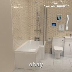 Nes Home L-Shaped RT Bath, Exposed Shower, White Basin Vanity, Taps, BTW Toilet