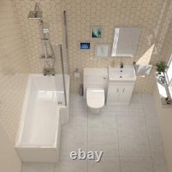 Nes Home L-Shaped RT Bath, Exposed Shower, White Basin Vanity, Taps, BTW Toilet