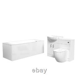 Nes Home White Basin Vanity With WC Unit, Rimless BTW Toilet & 1700mm Bath Suite