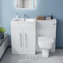 Nes Home White Gloss LH Vanity Unit Basin Cabinet 1100mm and BTW Toilet