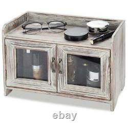 Torched Wood Countertop Storage Cabinet with Window Doors- Bathroom Vanity Chest