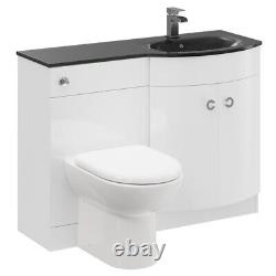 Venice Curved Black Glass 1100mm Right Hand Basin Gloss White Vanity