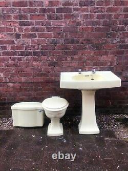 Vintage Bathroom Suite Yellow Art Deco Style 1950s Back Splash Shelf Sink Toilet