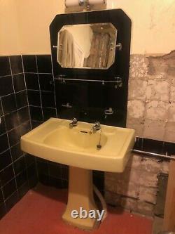 Vintage Bathroom Suite Yellow Art Deco Style 1950s Back Splash Shelf Sink Toilet