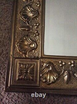 Vintage Brass Hall/Wall Hanging Vanity Bevelled Edge Mirror, Wood Back 21x 17