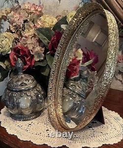 Vintage Gold Filigree Vanity Mirror &/Or Tray Ornate Brass Velvet Back WithEasel