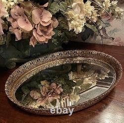 Vintage Gold Filigree Vanity Mirror &/Or Tray Ornate Brass Velvet Back WithEasel