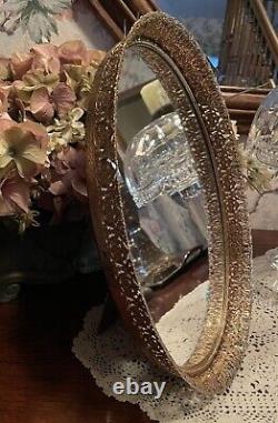 Vintage Gold Filigree Vanity Mirror &/Or Tray Ornate Brass Velvet Back WithEasel